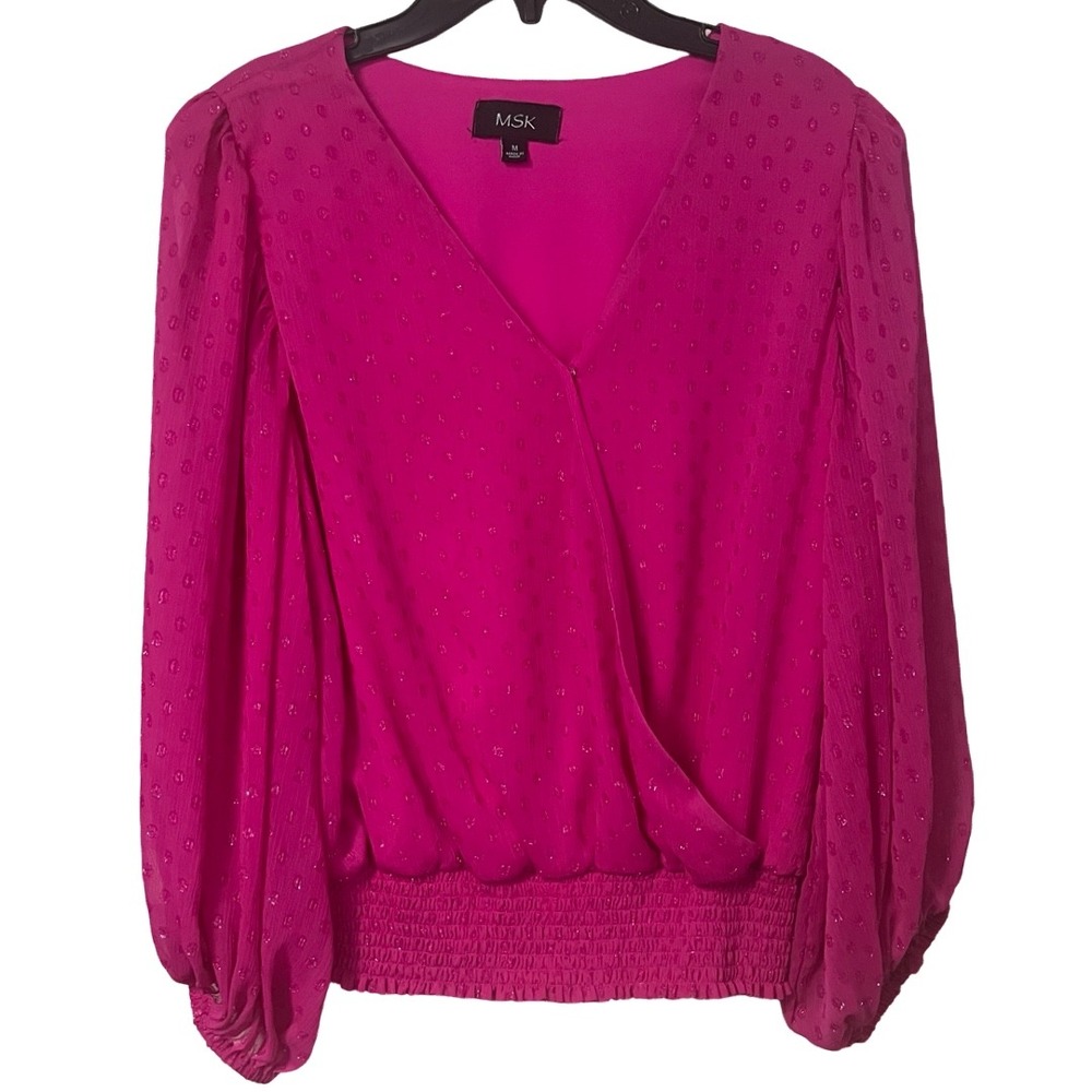 MSK Pink Metallic Clip Dot Smocked Blouse V-Neck Billow Sleeve Medium